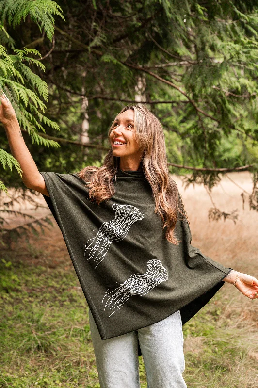 Forest Green Tencel Poncho with Jellyfish Print