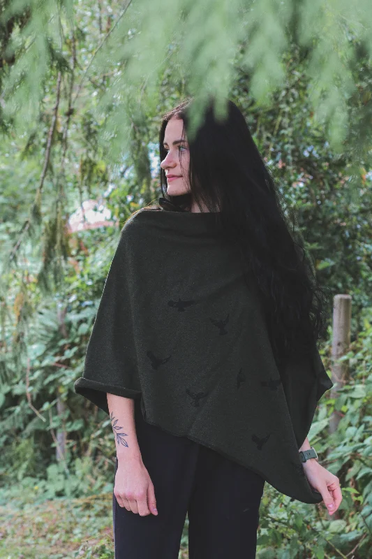 Forest Green Tencel Poncho with Birds Print