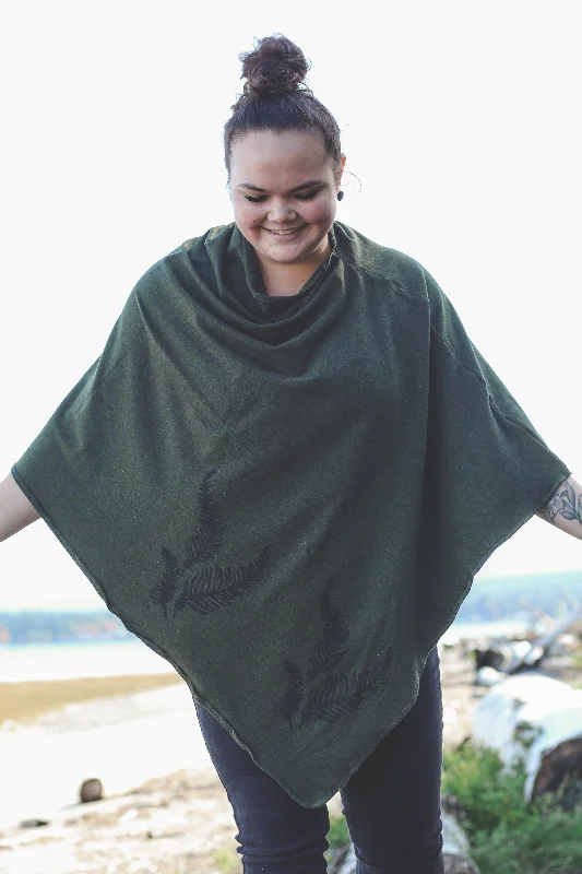 Forest Green Tencel Poncho with Fern Print