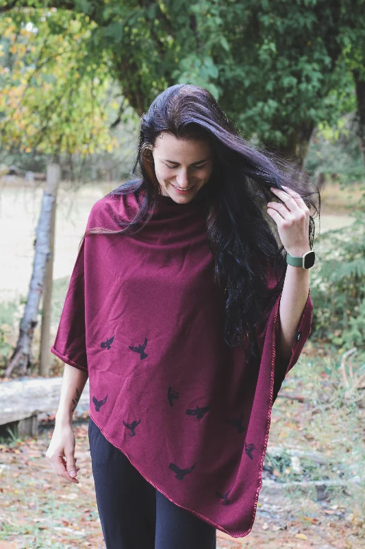 Merlot Tencel Poncho with Birds Print