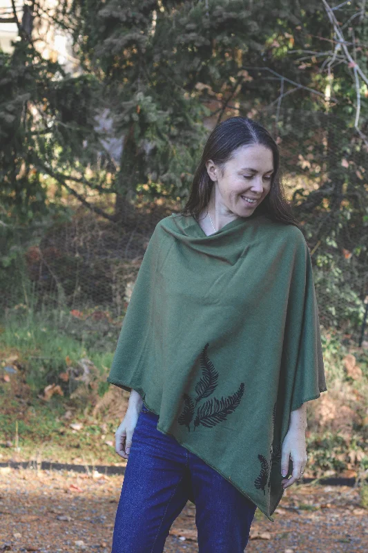 Moss Green Tencel Poncho with Fern Print