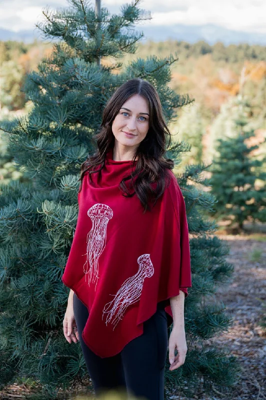 Scarlet Red Poncho with Jellyfish Print