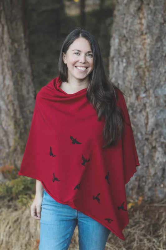 Scarlet Red Tencel Poncho with Birds Print