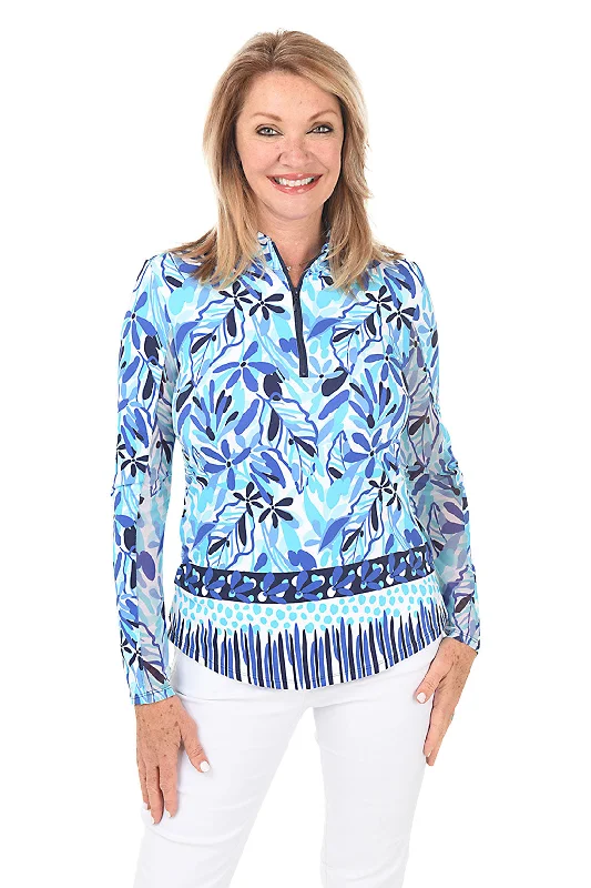 Cobalt Leaves UPF50+ Mock Neck Top