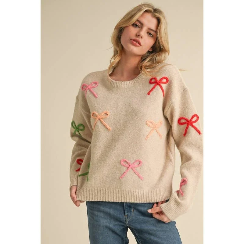 Bow patch sweater knit top: IVORY