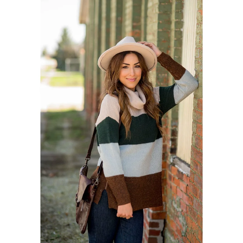 Color Block Side Slit Cowl Neck Sweater