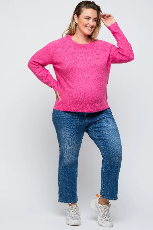 Fuchsia Button Accent Solid Maternity Plus Size Sweater