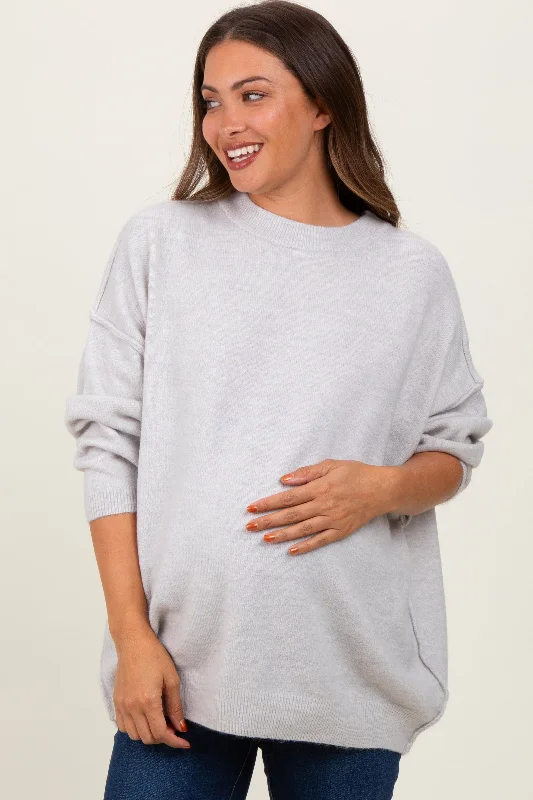 Light Grey Oversized Crewneck Melange Knit Maternity Sweater