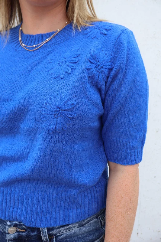 Pinch Short Sleeve 3D embroidered floral sweater