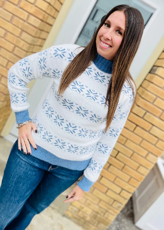 White Snowflake Pattern Mock Neck Sweater