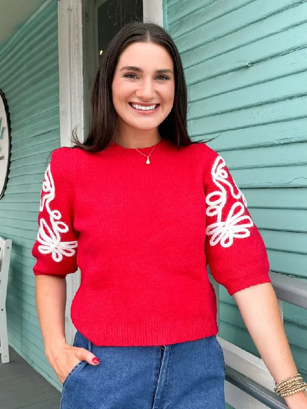 (THML) The Joe Embroidered Balloon Sleeve Sweater-Red