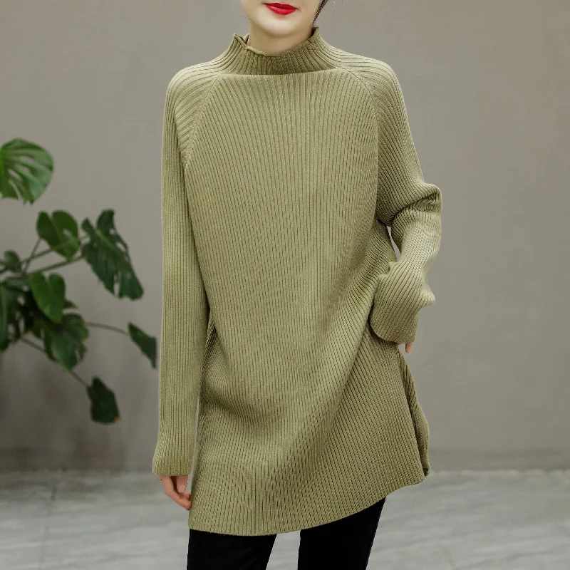 Winter Knitted Solid Stripe Turtleneck Elastic Long Sweater