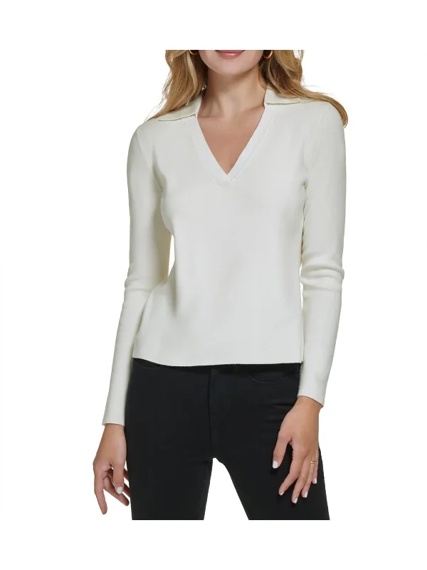 Womens Sequined Collared V-Neck Sweater