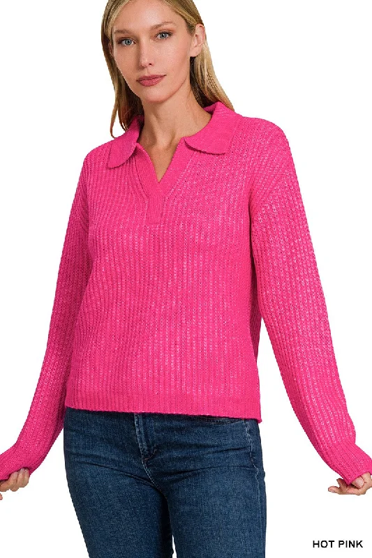 Zoey Melange Collared V-Neck Sweater