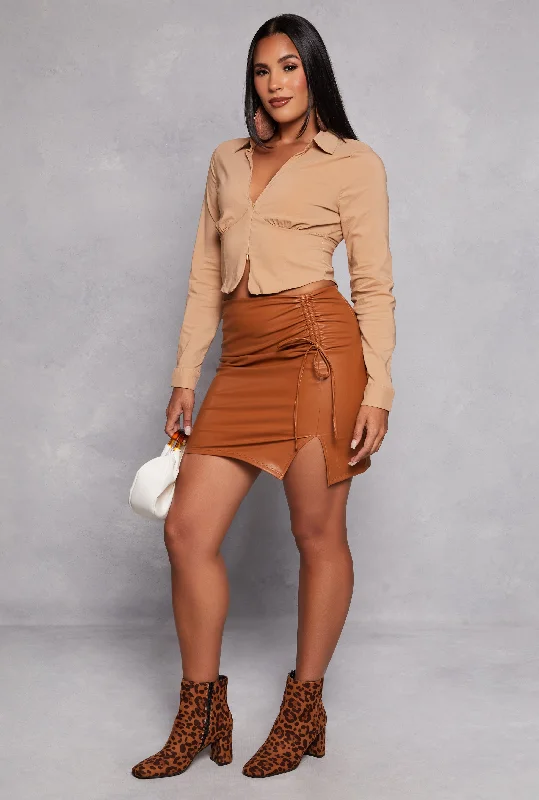 Faux Leather Ruched Side Slit Pencil Skirt