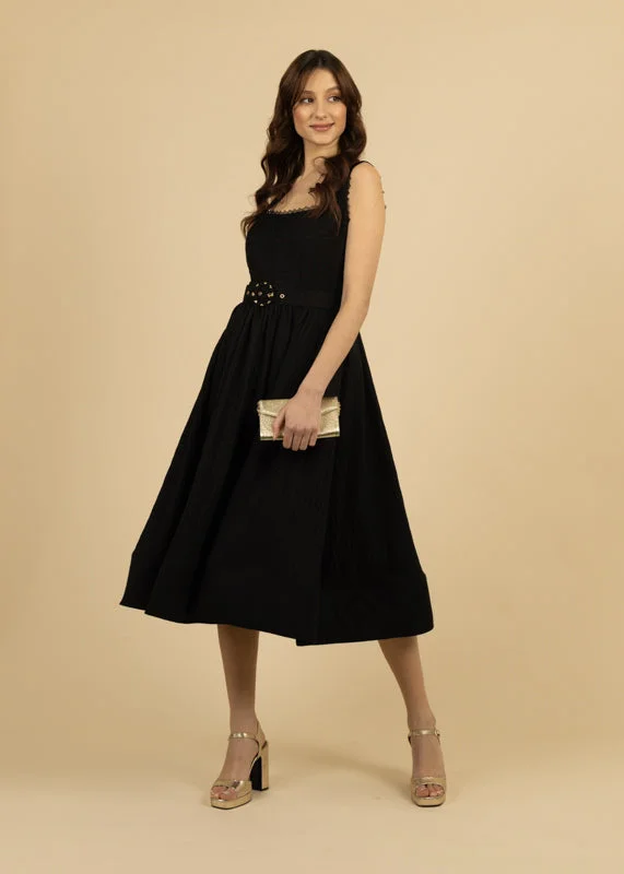 Fee G Amore Black A-line Belted Midi Dress