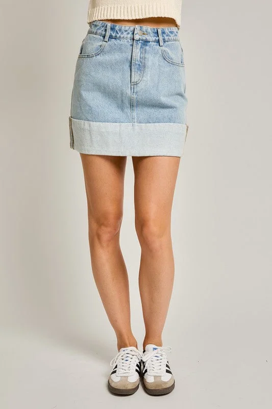 High Waisted Cuffed Denim Mini Skirt