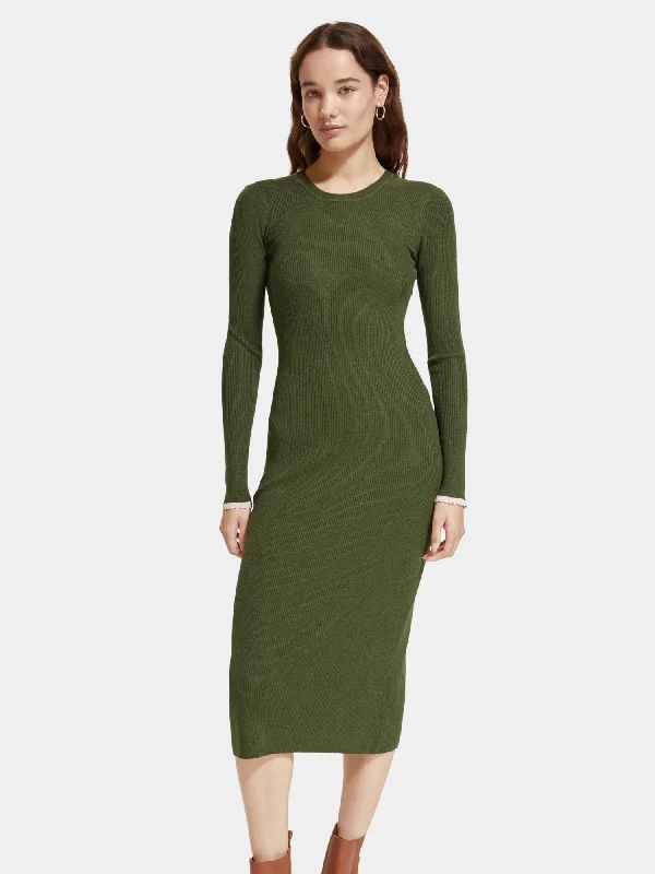 Long sleeved rib knitted midi dress