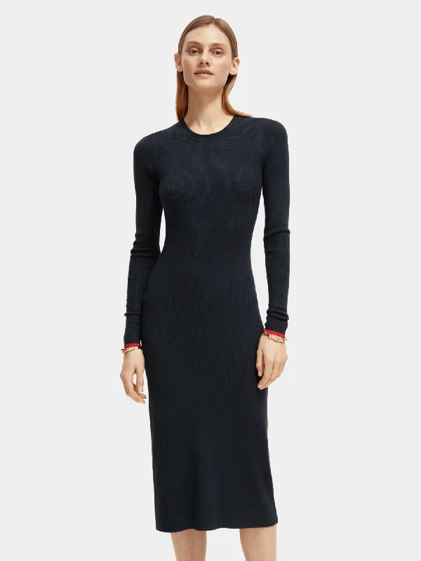 Long sleeved rib knitted midi dress