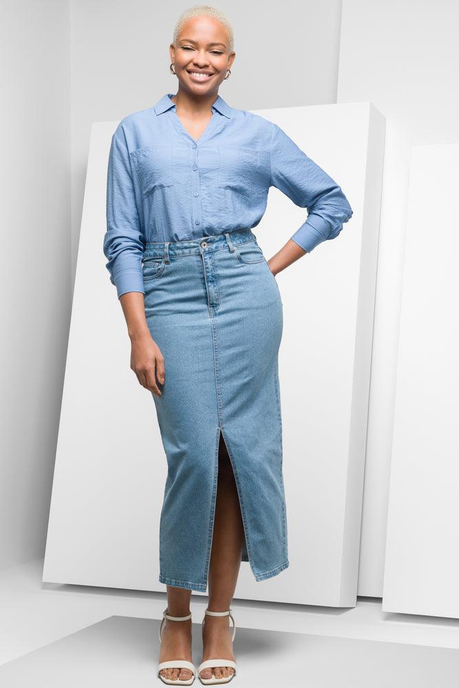 Maxi Denim Skirt With Front Slit Blue